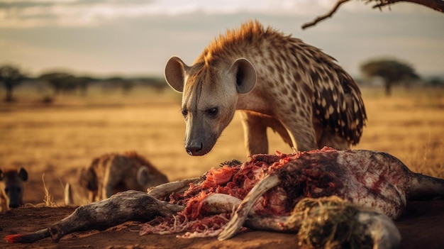 des hyènes tachetées et des vautours mangeant la carcasse d'un vieil éléphant mâle dans le Masai Mara