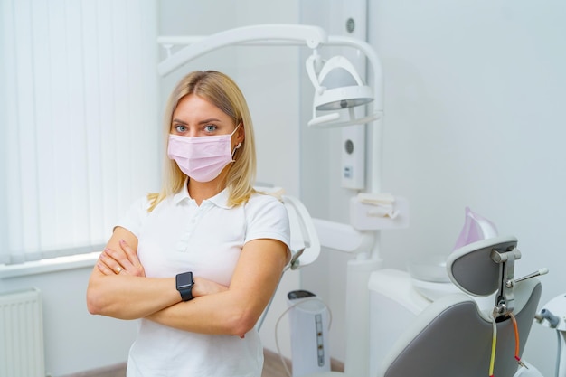 Hygiène bucco-dentaire Portrait de femme dentiste debout mains croisées sur fond de chaise de dentiste