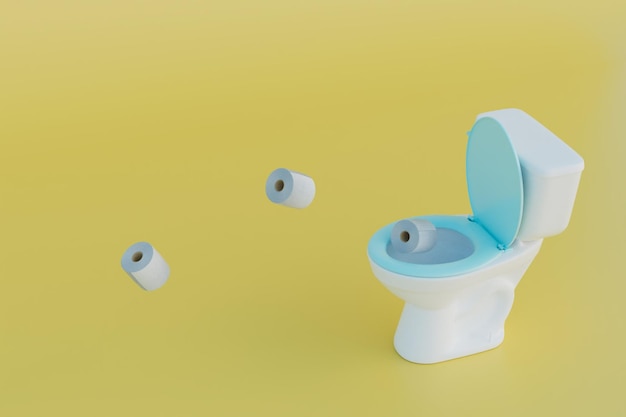 Hygiène quotidienne dans la cuvette des toilettes avec un couvercle ouvert d'où s'envolent des rouleaux de papier toilette