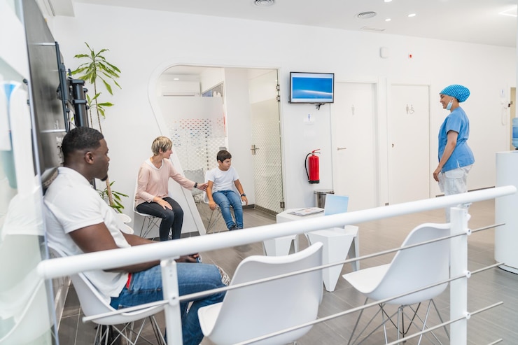 Photo un hygiéniste dentaire interagissant avec des patients dans la salle d'attente d'une clinique dentaire