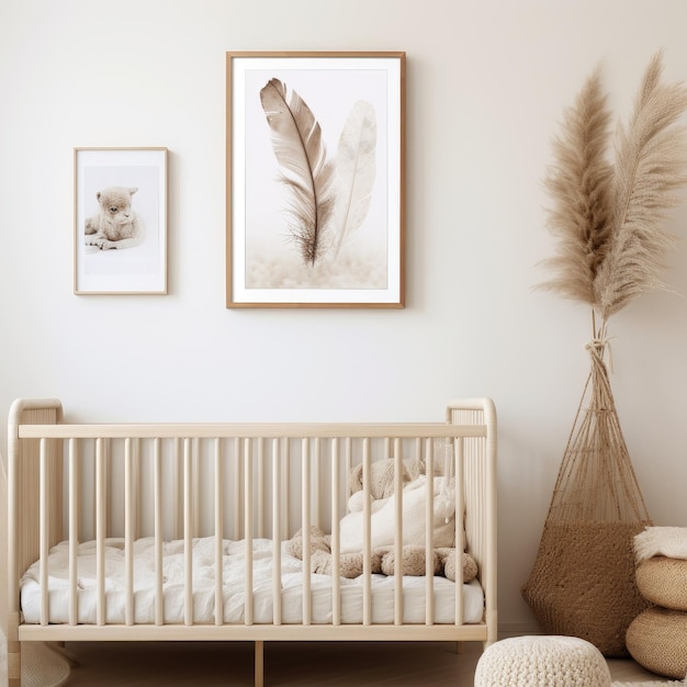 Hyper réalisme chic et sans effort dans une chambre d'enfant bohème avec un cadre d'art mural blanc minimaliste