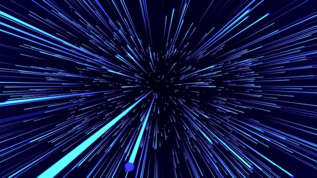 Hyper saut bleu Hyperespace numérique avec explosion d'étoiles Fond de vitesse futuriste abstrait Lignes de mouvement dynamiques sur fond bleu rendu 3D