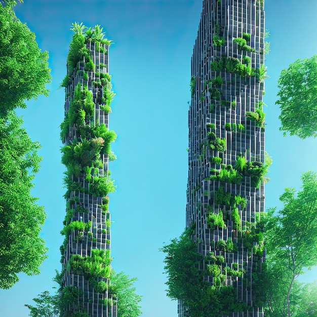 IA 3D. Les gratte-ciel sont couverts de buissons verts et d'arbres. Sur fond de ciel bleu.