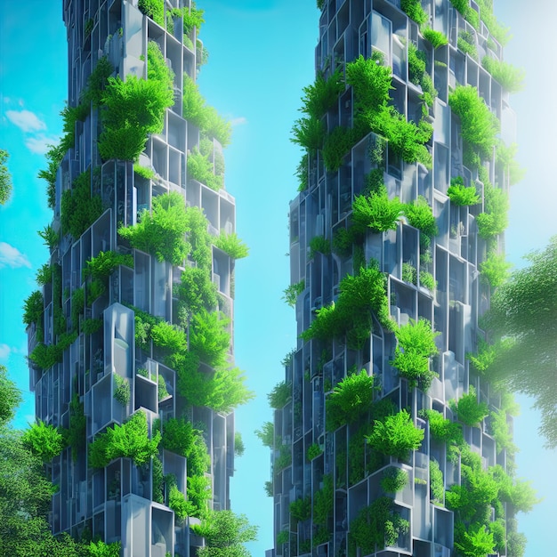 IA 3D. Les gratte-ciel sont couverts de buissons verts et d'arbres. Sur fond de ciel bleu.