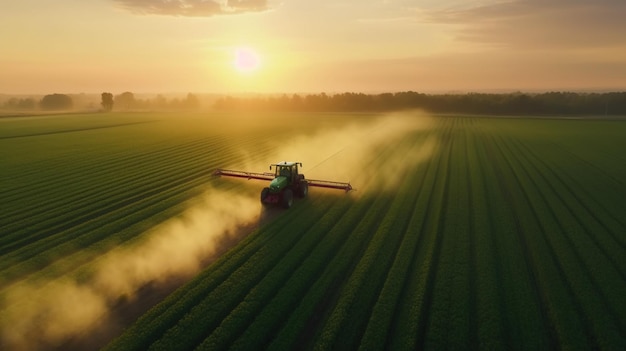 IA générative Agriculture agricole arrosée ou pulvérisation de pesticides sur les champs verts Système d'équipement d'irrigation