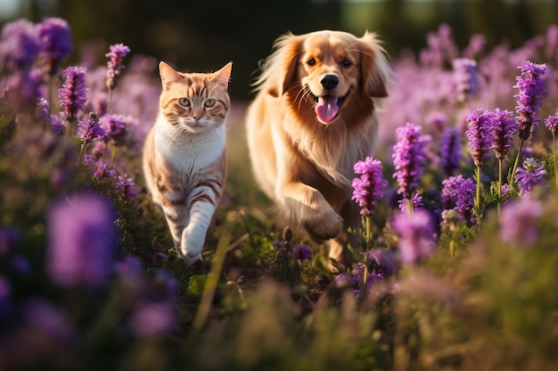 IA générative Des amis mignons, un chien corgi et un chat tigré, sont assis ensemble dans une prairie printanière ensoleillée