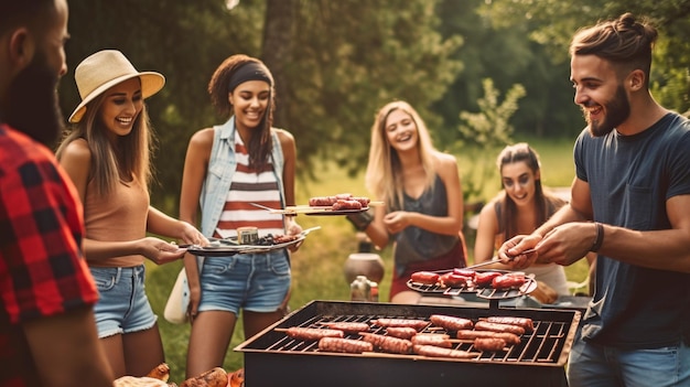 IA générative et amis profitant d'un barbecue en plein air