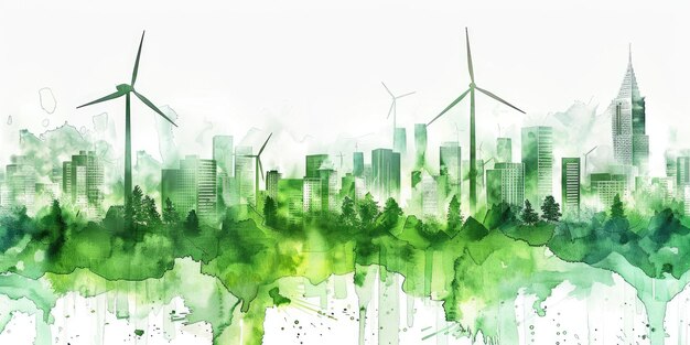 IA générative Aquarelle verte Écologie du paysage urbain Vie durable Skyline respectueux de l'environnement