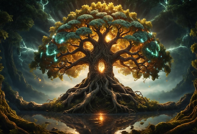 IA générative de l'arbre Yggdrasil brillant