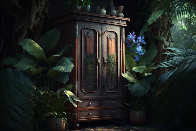 IA générative d'une armoire en bois avec des plantes dans le jardin