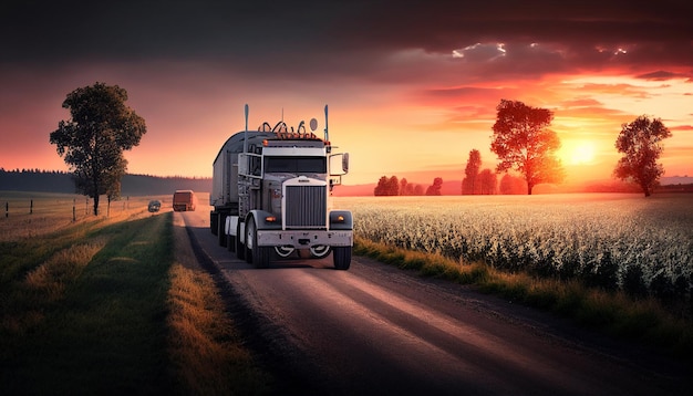 L'IA générative arrive sur la route dans un camion blanc au coucher du soleil dans un environnement rural