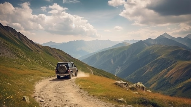 L'IA générative et une automobile 4x4 tout-terrain sur un col de montagne