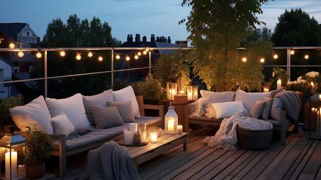 IA générative Balcon confortable le soir avec guirlande de lanternes et bougies Canapés et fauteuils moelleux