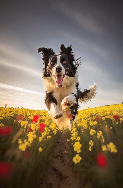 IA générative de Border Collie Dog jouant et sautant dans un champ de fleurs rouges et jaunes