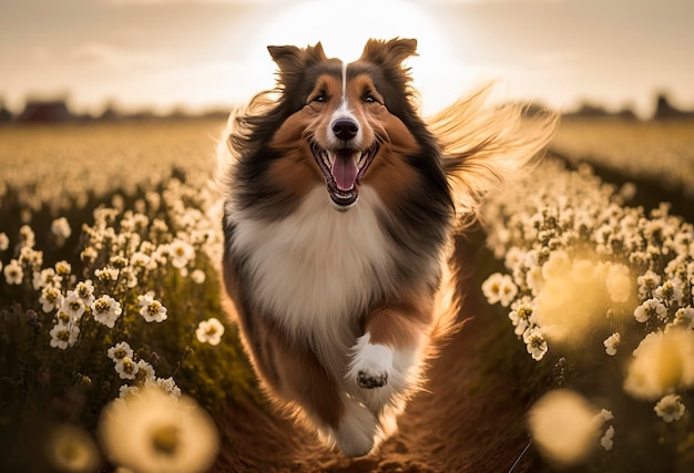 IA générative de Border Collie Dog jouant et sautant dans un champ de fleurs rouges et jaunes