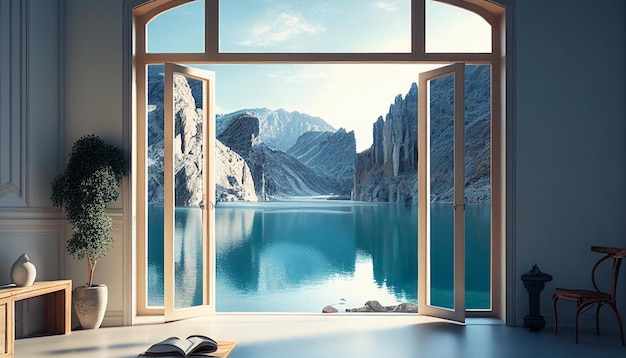 L'IA générative capture une belle image d'un lac bleu depuis l'intérieur d'une villa