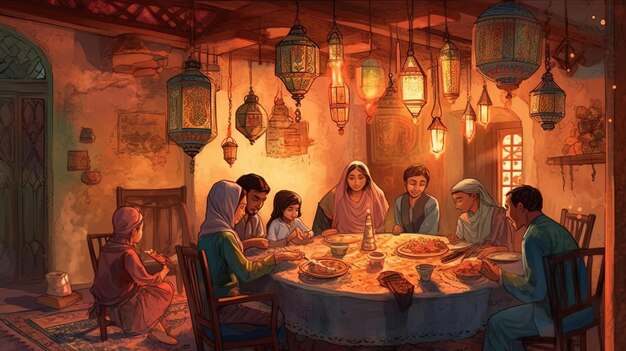 IA générative Une carte de vœux pour l'Aïd AlAdha une scène festive avec une famille réunie autour d'un repas traditionnel des lanternes au design complexe suspendues au plafond la lueur chaleureuse des bougies