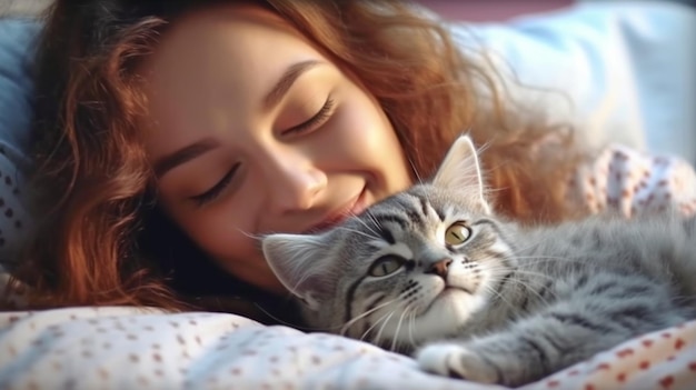 IA générative de contenu femme et chat au lit à la maison