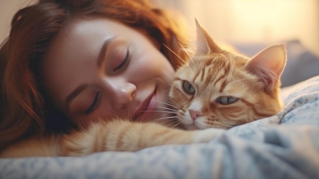 IA générative de contenu femme et chat au lit à la maison