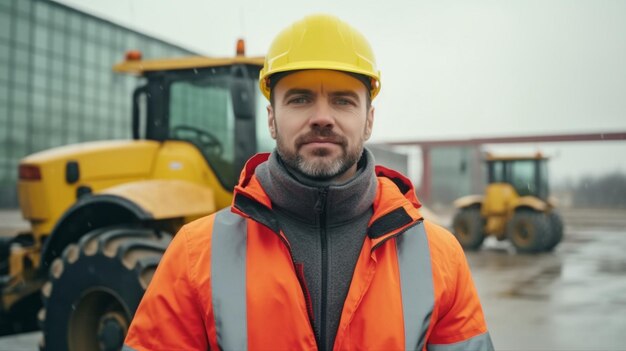 L'IA générative et un contremaître sûr de lui portant une veste colorée et un casque de sécurité se tiennent sur un chantier de construction