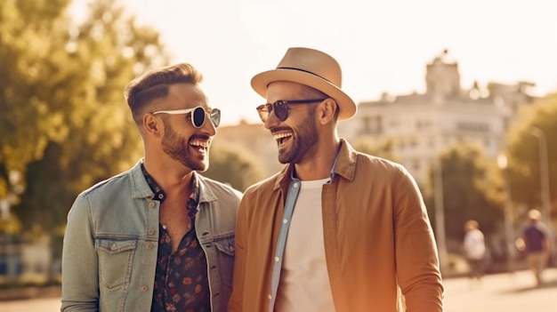 L'IA générative et un couple gay heureux à l'extérieur