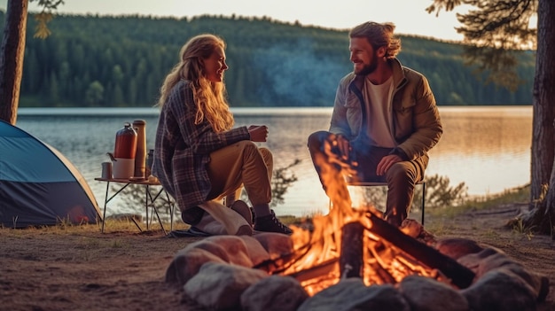 IA générative un couple en vacances un homme et une femme autour d'un feu de camp