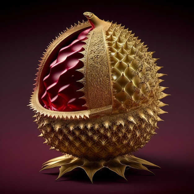 IA générative d'une couronne de durian doré sur fond bordeaux