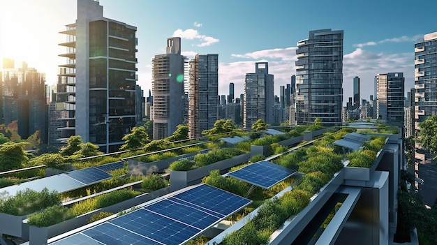 L'IA générative crée un paysage urbain durable avec des panneaux solaires et des toits verts sous un ciel rempli d'un ciel bleu propre