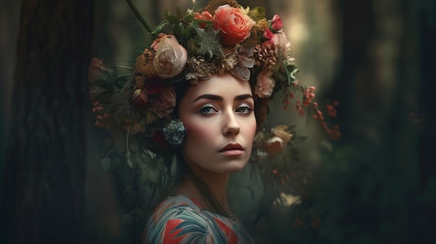 L'IA générative a créé ce portrait surréaliste d'une femme dans un casque de fleurs au milieu d'une forêt surréaliste