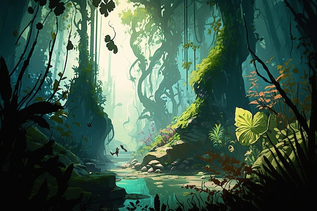 L'IA générative dévoile une forêt enchantée lumineuse Un royaume de créatures mystiques et de lumière du soleil tachetée