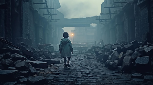 IA générative un enfant marchant dans une rue détruite