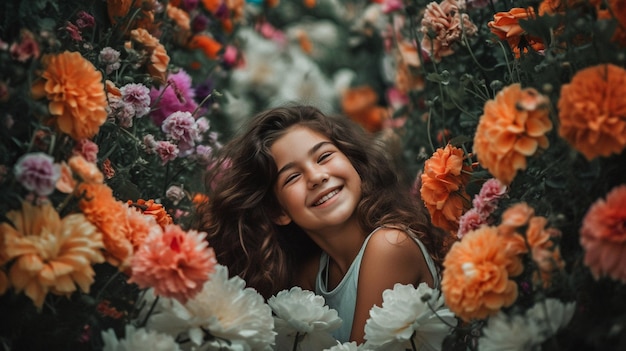 L'IA générative est la femme la plus heureuse et la plus attirante entourée de jolies fleurs