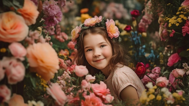 L'IA générative est la femme la plus heureuse et la plus attirante entourée de jolies fleurs