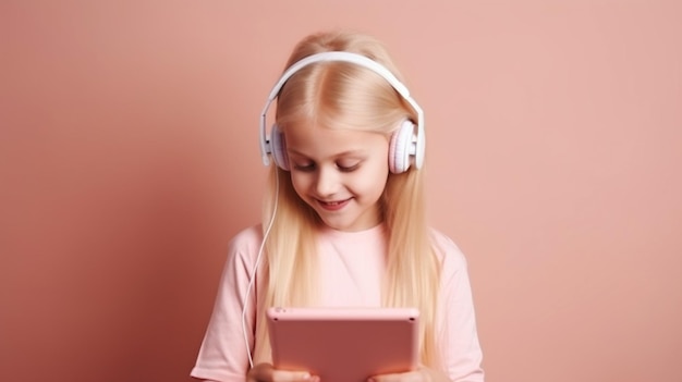 L'IA générative est utilisée par une étudiante blonde heureuse à l'école qui utilise également des écouteurs
