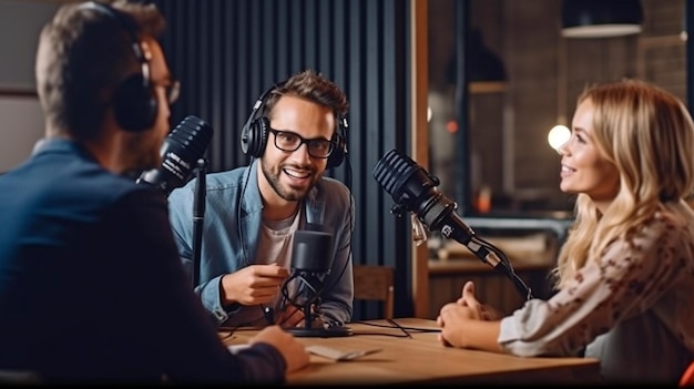 Photo l'ia générative est utilisée par un journaliste masculin pour interviewer une femme dans un studio