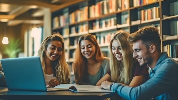 L'IA générative est utilisée par un joyeux groupe d'étudiants qui apprennent et travaillent ensemble dans une bibliothèque universitaire