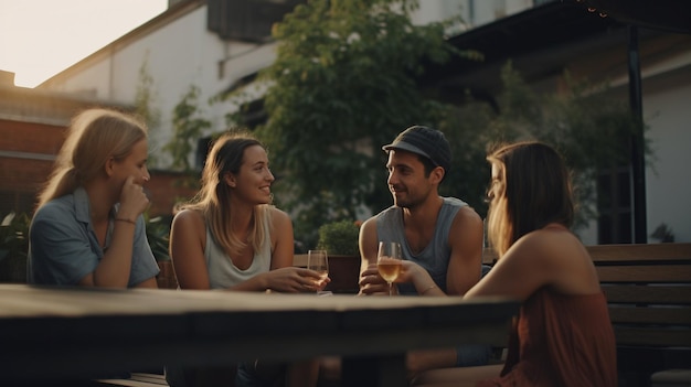 L'IA générative est utilisée pour capturer un groupe d'amis en train de converser et de boire sur le patio d'une maison