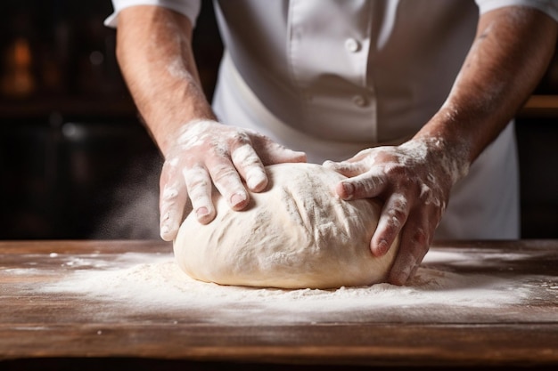 IA générative Faire de la pâte par des mains masculines à la boulangerie