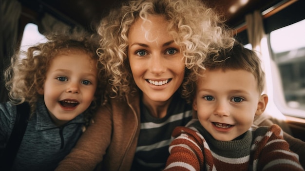 IA générative Une famille heureuse composée d'une mère et d'enfants se prépare à voyager, apprend la carte de l'itinéraire