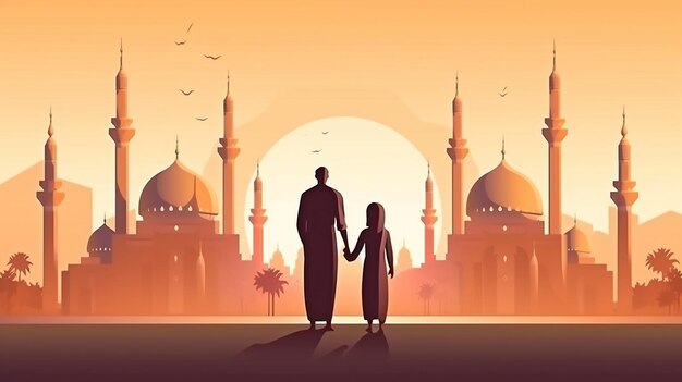 IA générative une famille regardant une mosquée et les salutations du Ramadan Kareem
