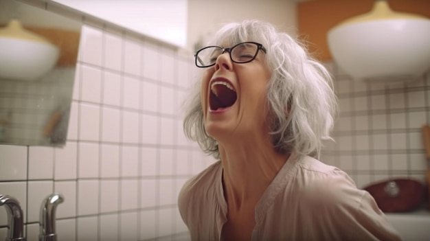 L'IA générative et une femme âgée espiègle chantant dans les toilettes