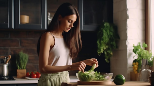 IA générative une femme au foyer rêvassante faisant une salade de légumes dans la cuisine