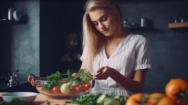 IA générative une femme au foyer rêvassante faisant une salade de légumes dans la cuisine