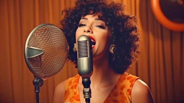 Photo l'ia générative et une femme qui chante avec un microphone rétro