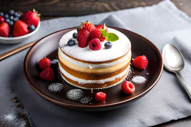 IA générative d'un gâteau éponge recouvert de crème fouettée fraîche recouverte d'un saupoudrage de sucre