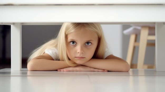 L'IA générative heureuse amusante amusante fille enfant riant à la table blanche vide