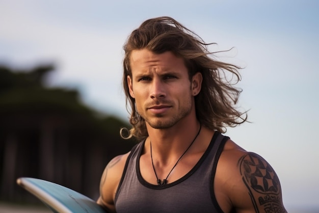 IA générative un homme musclé et tatoué qui pratique le surf