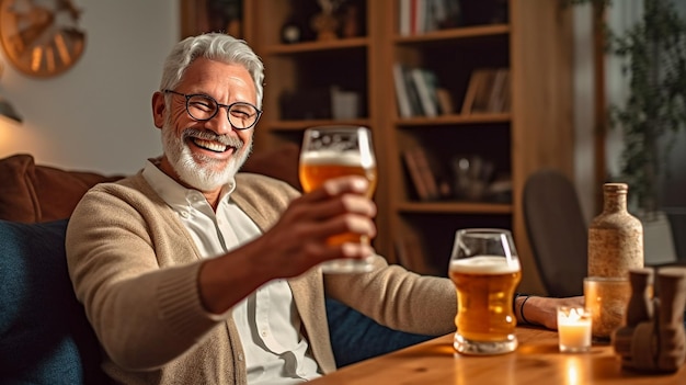 IA générative d'un homme tenant un verre de bière tout en conversant avec des compagnons