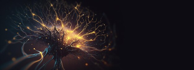 IA générative Illustration conceptuelle de cellules neuronales avec des nœuds de liaison lumineux dans un espace sombre abstrait