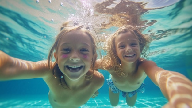 IA générative et jeunes enfants joyeux nageant sous l'eau